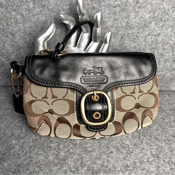 Coach Small Clutch Wristlet Signature C Black Leather Trim Satin Plaid Lining - Picture 1 of 11